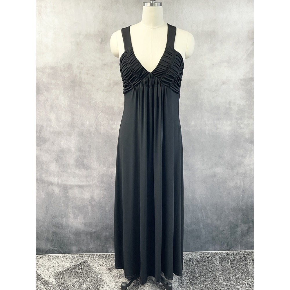 Women Empire Waist Maxi Dress Size 12 Black Ruched Stretch Glam Femme Fatale